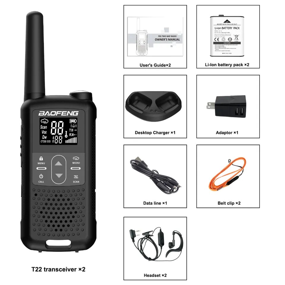 BAOFENG Walkie Talkies PMR446 Licentievrije 16 kanalen CTCSS/DCS Dual Watch VOX portofoons met 1400mAh batterij voor volwassenen en kinderen - T25 (2 BAOFENG Walkie Talkies PMR446 Licentievrije 16 kanalen CTCSS/DCS Dual Watch VOX portofoons met 1400mAh batterij voor volwassenen en kinderen - T25 (2